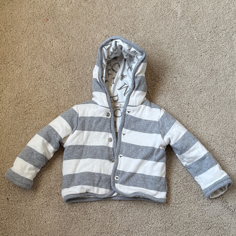 Barely Worn Burt's Bees Baby Gray and White Striped Hooded Pea Coat